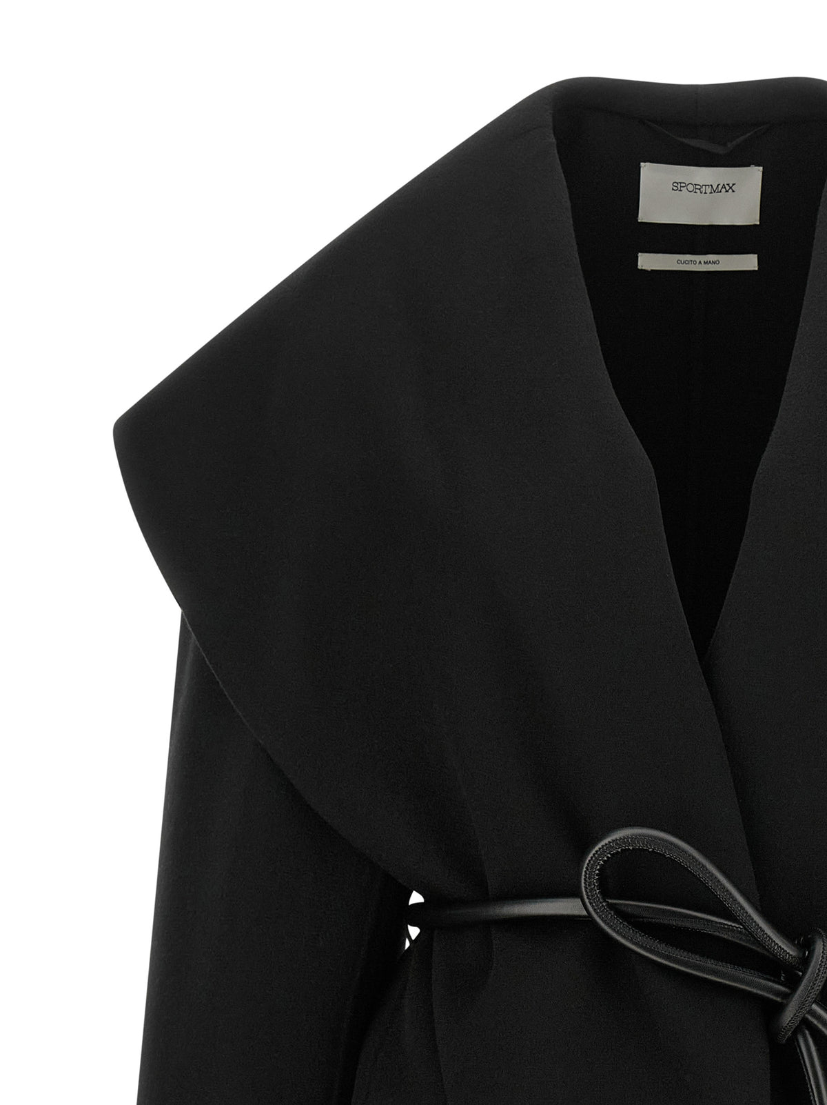 Overcoat by Sportmax for women in virgin wool & leather black features an voluminous silhouette, showcasing distinct pockets and a voluminous shawl-collar neckline for a truly voluminous aesthetic.