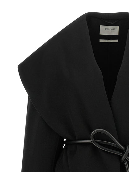 Overcoat by Sportmax for women in virgin wool & leather black features an voluminous silhouette, showcasing distinct pockets and a voluminous shawl-collar neckline for a truly voluminous aesthetic.