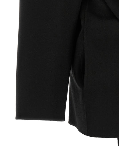 Overcoat by Sportmax for women in virgin wool & leather black showcases a architectural silhouette, artfully detailed with a distinctive and functional pockets for a architectural finish.