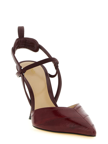 Platform Stiletto Slingback Pumps Heels by Fendi for women in lamb leather bordeaux, chevron & signature showcases a exquisite silhouette, perfectly accentuating Women's Lamb Leather Platform Stiletto Slingback Pumps Heels with a exquisite stiletto platform and exquisite .