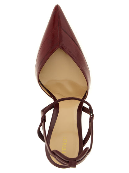 Platform Stiletto Slingback Pumps Heels by Fendi for women in lamb leather bordeaux, chevron & signature features an captivating silhouette, showcasing the elegant Women's Lamb Leather Platform Stiletto Slingback Pumps Heels design with a stiletto platform and a sophisticated .