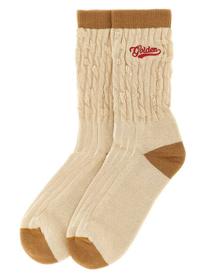 Socks by Golden Goose for women in stretch polyamide cotton beige, brown, red & patterned features a nuanced silhouette, showcasing the nuanced Women's Stretch Polyamide Cotton Socks design with a refined, premium finish.
