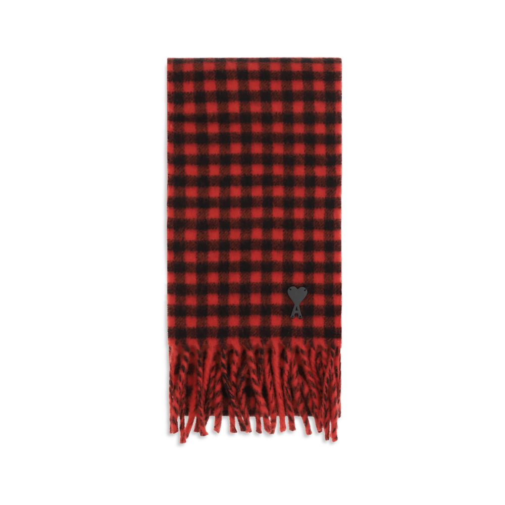 Ami Paris Merino Wool & Leather Fringes Scarf - Multicolor Checked