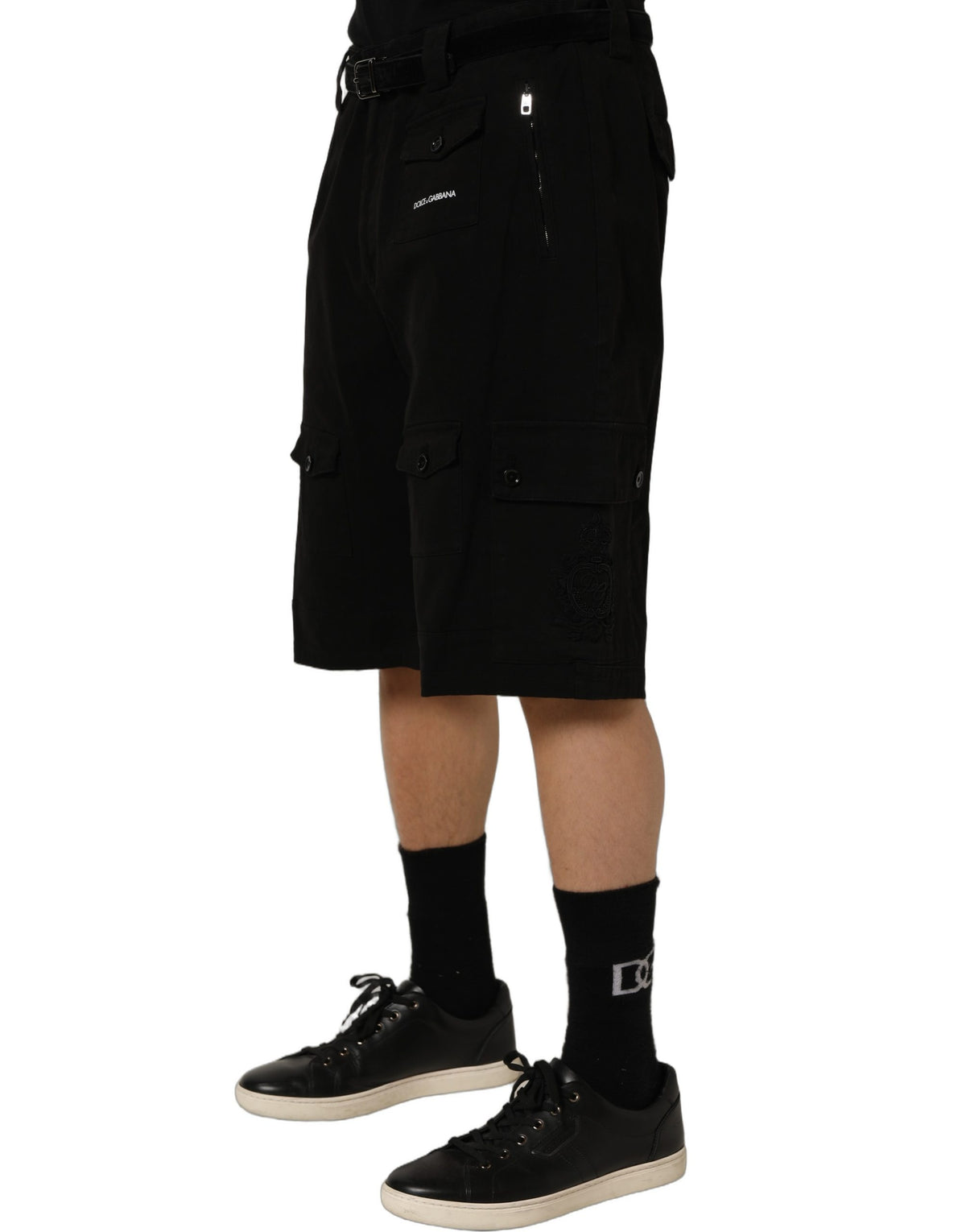 Cargo Shorts by Dolce & Gabbana for men in stretch cotton black & white features an tailored silhouette, perfectly showcased in a tailored regular-fit with a refined short and a sophisticated mid rise.