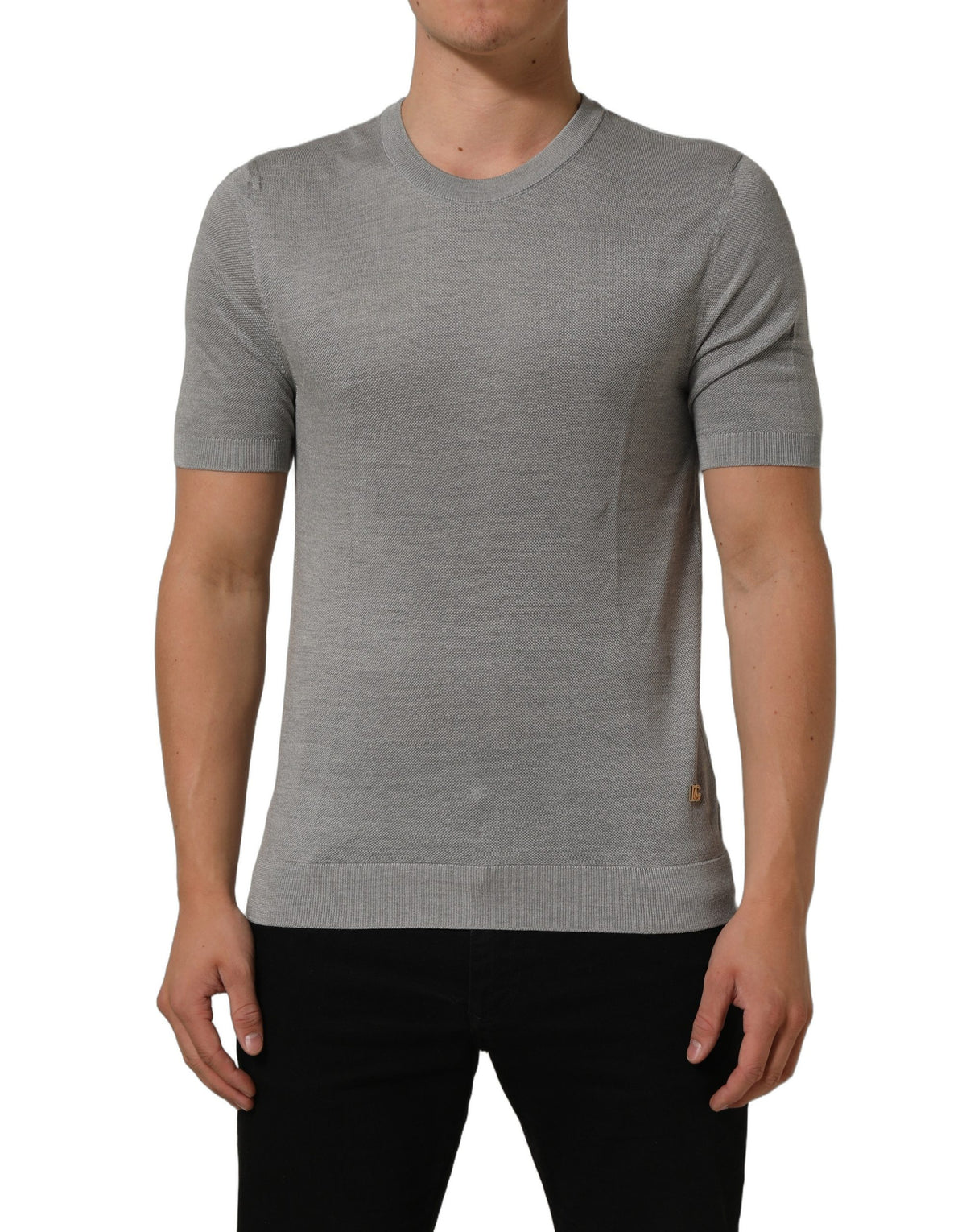 T-Shirt by Dolce & Gabbana for men in nylon & silk gray showcases a dramatic silhouette, elegantly detailed with a dramatic crew neckline and for a truly dramatic finish.