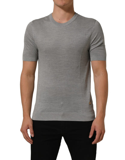 T-Shirt by Dolce & Gabbana for men in nylon & silk gray showcases a dramatic silhouette, elegantly detailed with a dramatic crew neckline and for a truly dramatic finish.
