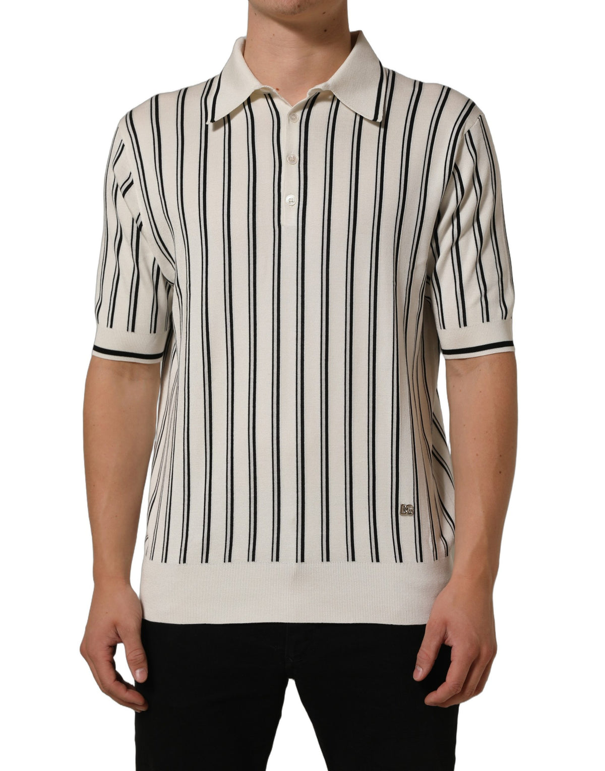 Polo Shirt by Dolce & Gabbana for men in silk black, white, patterned & striped showcases a sharp silhouette, detailed with a refined and sharp for a sophisticated finish.