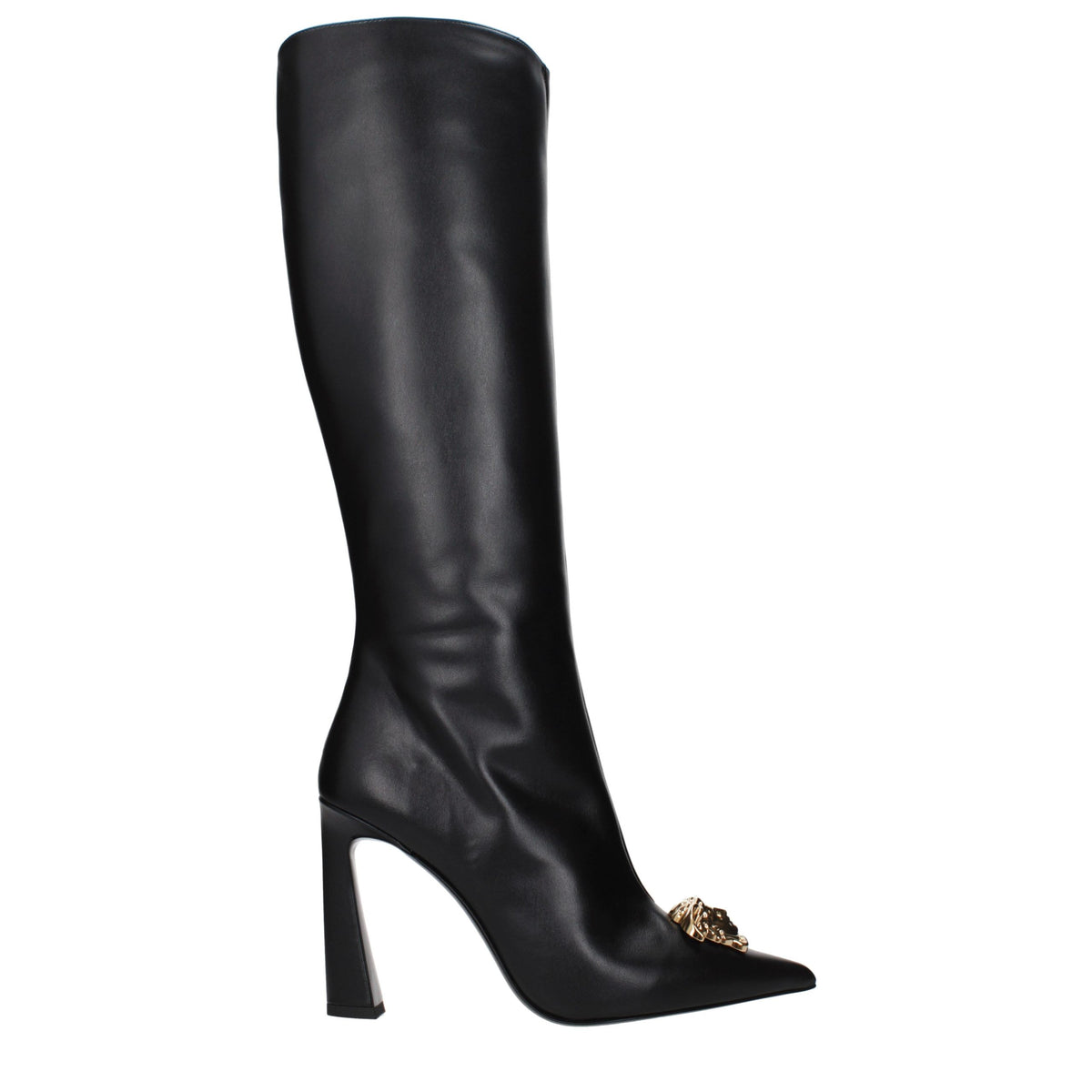 High-Heel Boots by Versace for women in leather black showcases a ergonomic silhouette from the Women's Leather High-Heel Boots collection, featuring a ergonomic high-heel and a ergonomic .