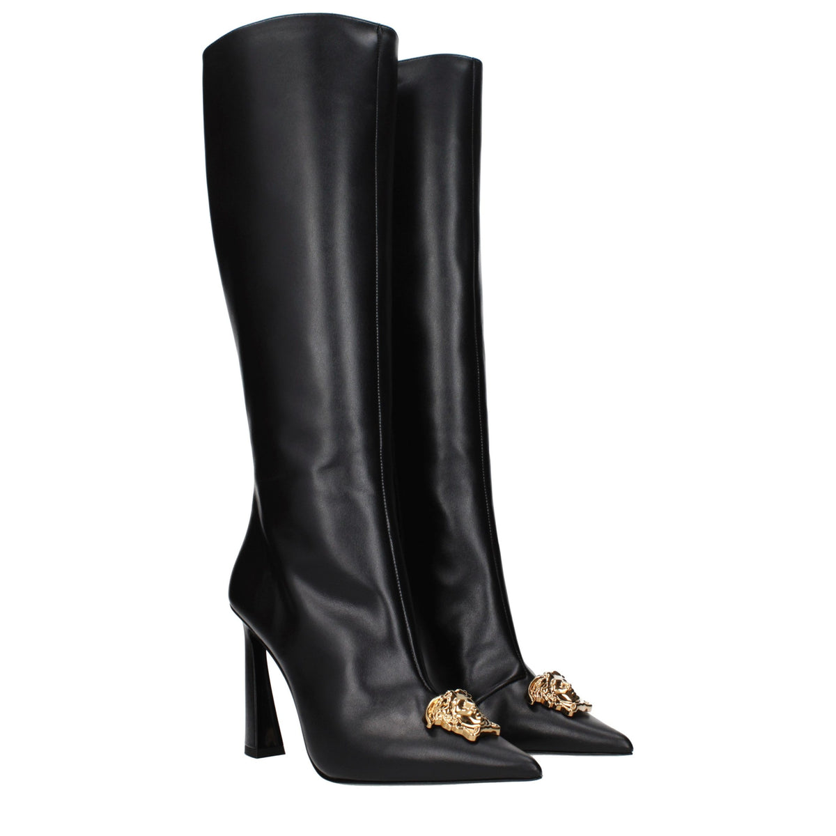 High-Heel Boots by Versace for women in leather black features an high-performance silhouette, showcasing the sophisticated design of the Women's Leather High-Heel Boots with a high-heel and a refined .