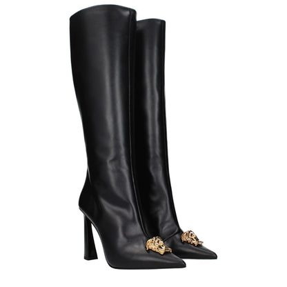 High-Heel Boots by Versace for women in leather black features an high-performance silhouette, showcasing the sophisticated design of the Women's Leather High-Heel Boots with a high-heel and a refined .