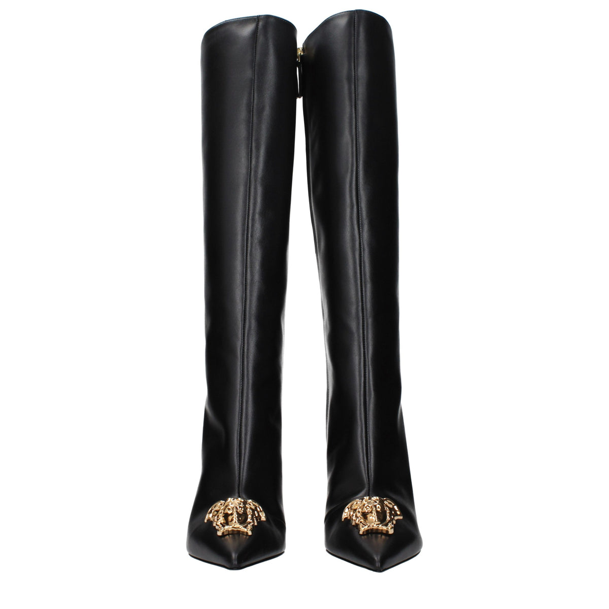 High-Heel Boots by Versace for women in leather black features an effortless chic silhouette from the Women's Leather High-Heel Boots collection, showcasing a effortless chic high-heel and refined for an effortless chic look.