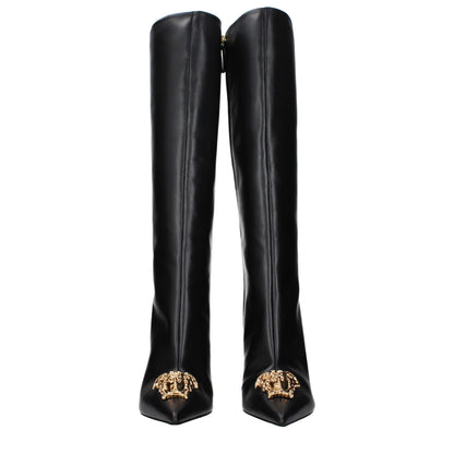 High-Heel Boots by Versace for women in leather black features an effortless chic silhouette from the Women's Leather High-Heel Boots collection, showcasing a effortless chic high-heel and refined for an effortless chic look.