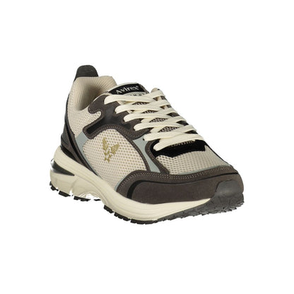 Athletic Sneakers by Avirex for men in polyester & polyurethane gray, light-blue & white features an effortless chic silhouette, showcasing the signature athletic style of the Men's Athletic Polyester & Polyurethane Sneakers collection with a truly effortless chic finish.