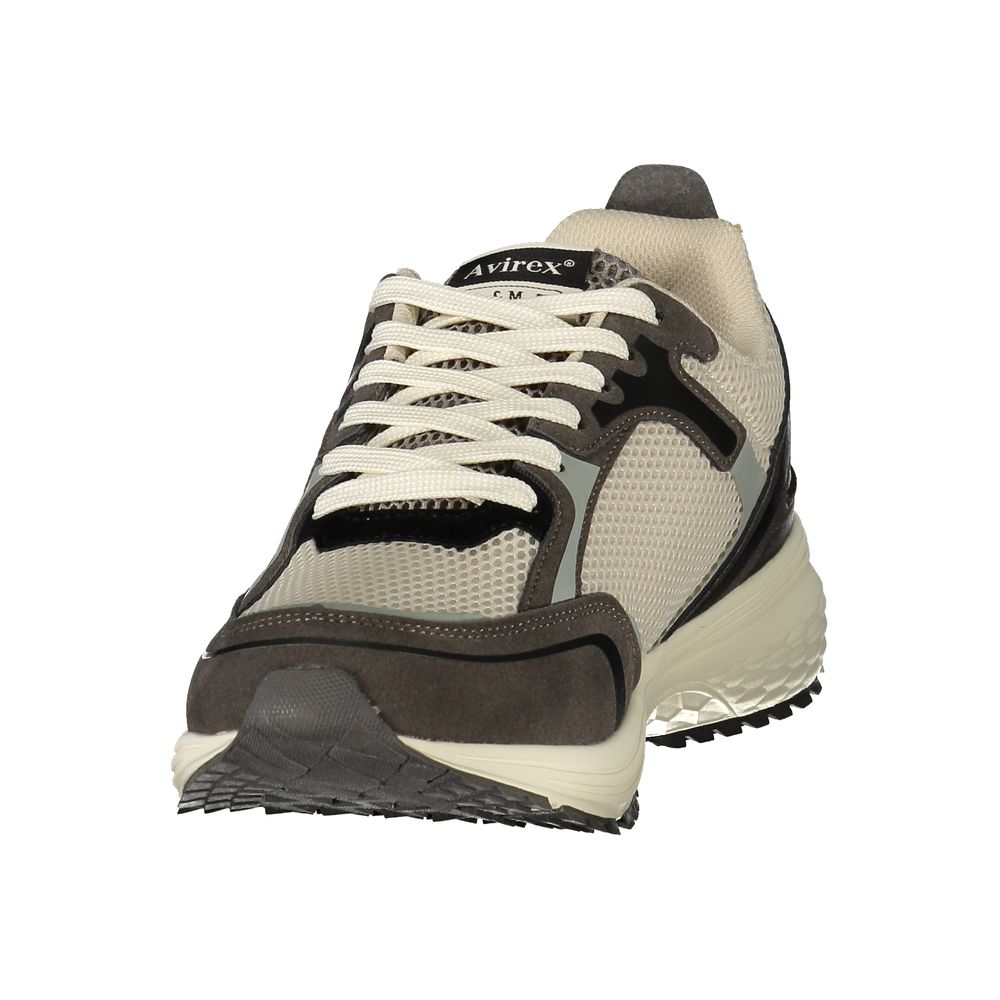 Athletic Sneakers by Avirex for men in polyester & polyurethane gray, light-blue & white showcases a architectural silhouette, artfully capturing the essence of the Men's Athletic Polyester & Polyurethane Sneakers with its signature architectural athletic style construction.