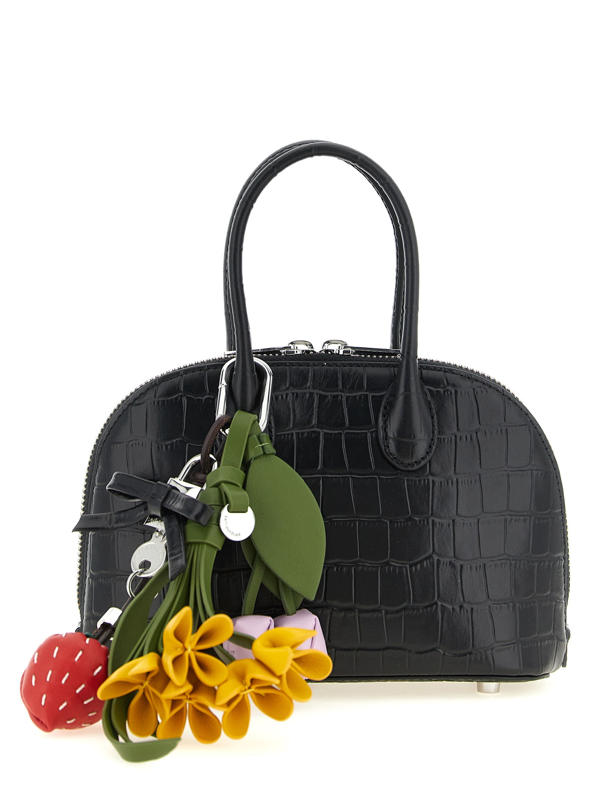 Dome Handbag by Self-Portrait for women in bos taurus cowhide leather black & print features a signature silhouette, showcasing a secure zipper and signature with versatile shoulder-strap, detachable-strap & handle for a sophisticated look.