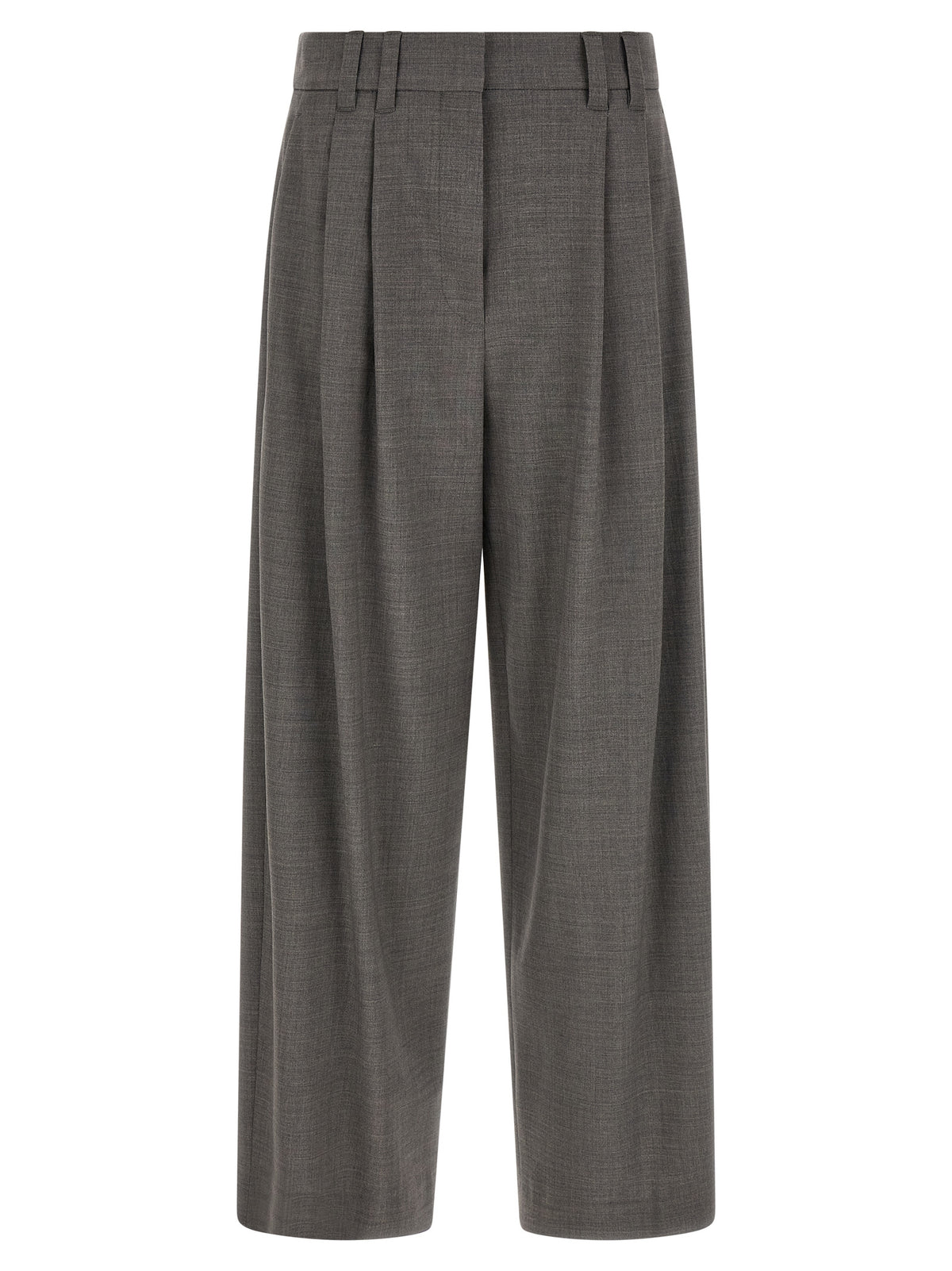 Trousers by Brunello Cucinelli for women in virgin wool & polyamide gray presents a smart silhouette, meticulously detailed with a smart wide & cropped, a smart cropped, and a smart .