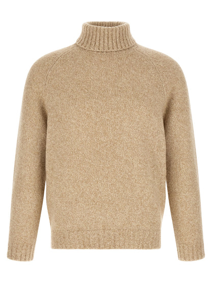 Cardigan by Brunello Cucinelli for men in silk cashmere virgin wool beige features a dramatic silhouette, showcasing a sophisticated turtle neckline and dramatic detail for a timeless, premium look.