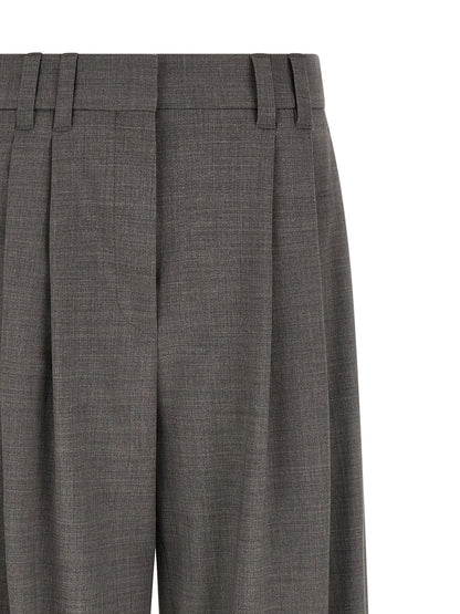 Trousers by Brunello Cucinelli for women in virgin wool & polyamide gray features an on trend silhouette, showcasing a sophisticated wide & cropped with a cropped and for an on trend finish.