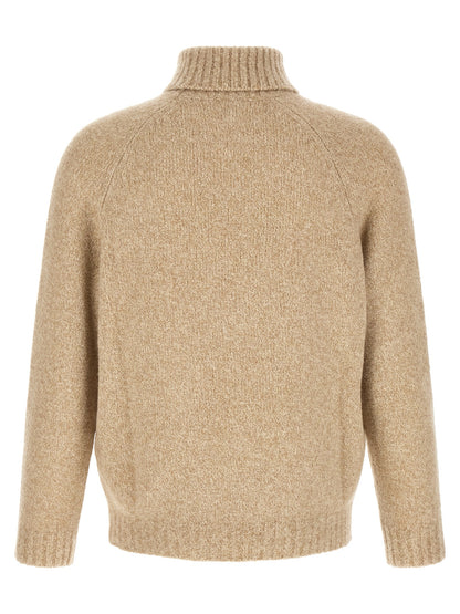 Cardigan by Brunello Cucinelli for men in silk cashmere virgin wool beige showcases a captivating silhouette, artfully detailed with a captivating and turtle neckline for a truly sophisticated captivating look.