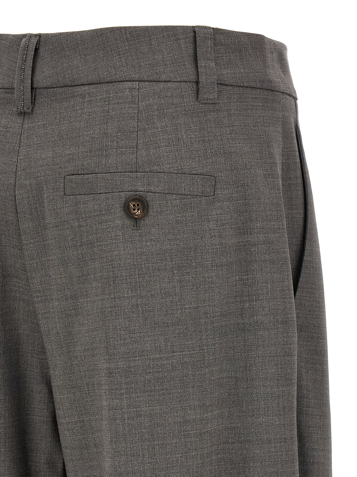 Trousers by Brunello Cucinelli for women in virgin wool & polyamide gray features a sculptural silhouette, showcasing a sculptural wide & cropped and cropped with a sophisticated for a sculptural finish.