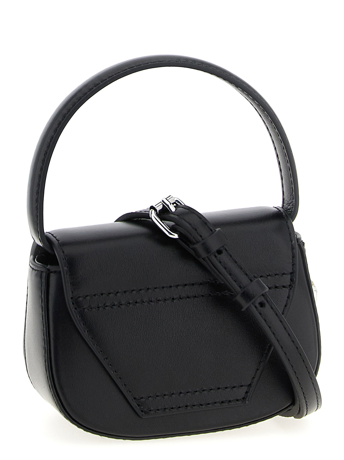 This Handbag by Diesel for women in cowhide leather and black presents a sculptural silhouette featuring a secure magnetic, ample , and versatile handle for a sculptural finish.