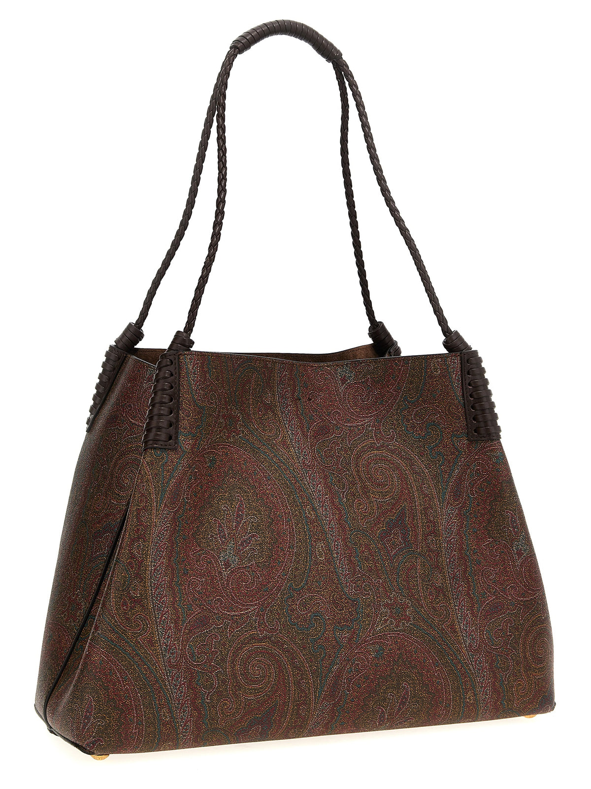 Shopper Tote Clutch Bag by Etro for women in polyester suede leather & cotton brown & paisley features an utilitarian-chic silhouette, showcasing the Polyester Suede Leather & Cotton Shopper Tote Clutch Bag design with a secure snap & hook, ample , and versatile handle.