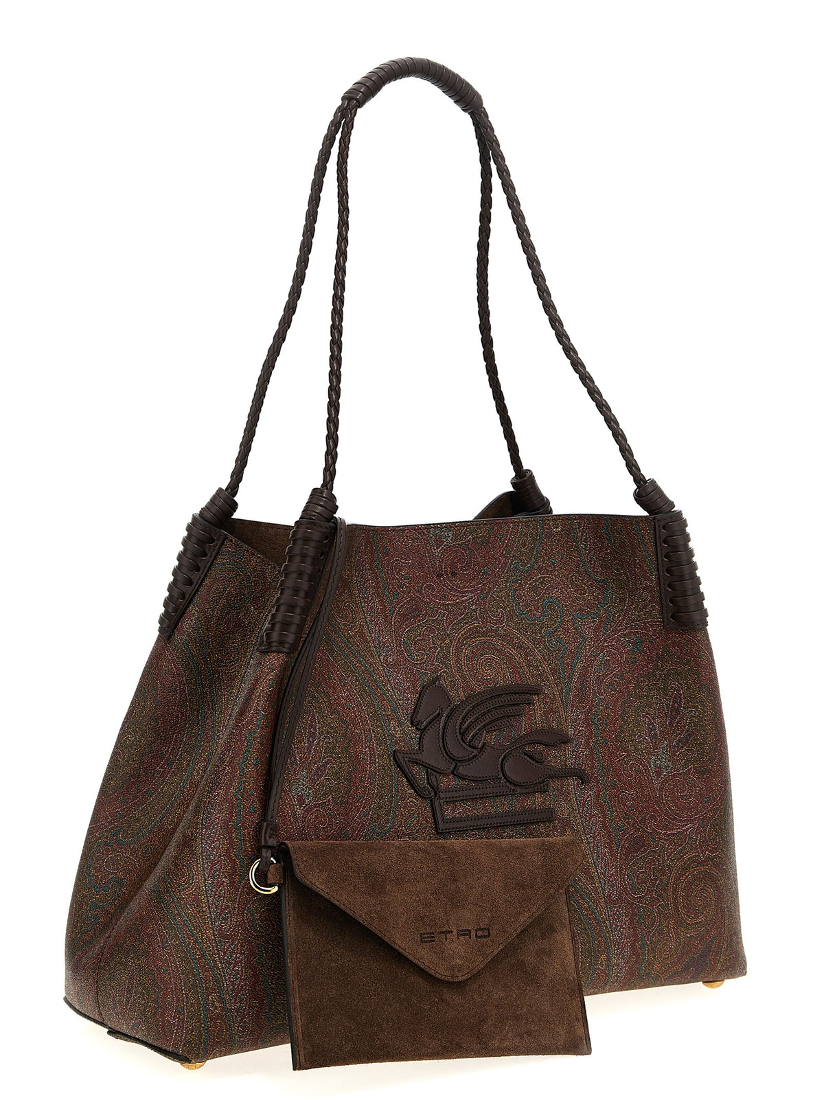 This Shopper Tote Clutch Bag by Etro for women in polyester suede leather & cotton brown & paisley features an on trend Polyester Suede Leather & Cotton Shopper Tote Clutch Bag design with a secure snap & hook, ample , and on trend handle.