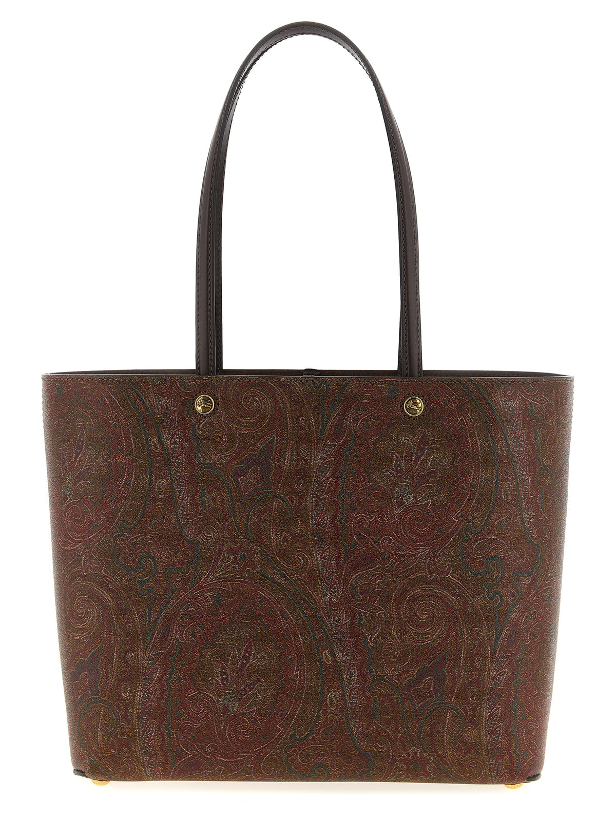 This Shopper Tote Clutch Bag by Etro for women in polyester leather & cotton brown, paisley & jacquard features an on trend Polyester Leather & Cotton Shopper Tote Clutch Bag design with a secure snap, hook & button, ample , and on trend handle.
