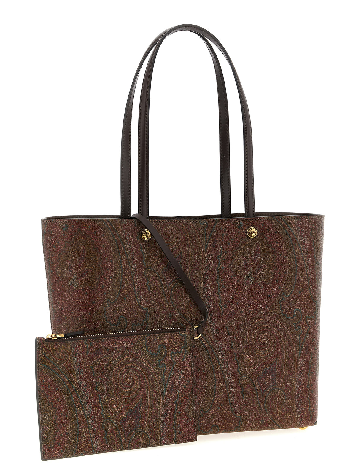 Shopper Tote Clutch Bag by Etro for women in polyester leather & cotton brown, paisley & jacquard features a distinguished Polyester Leather & Cotton Shopper Tote Clutch Bag design, complete with a secure snap, hook & button, ample , and versatile handle for a distinguished look.
