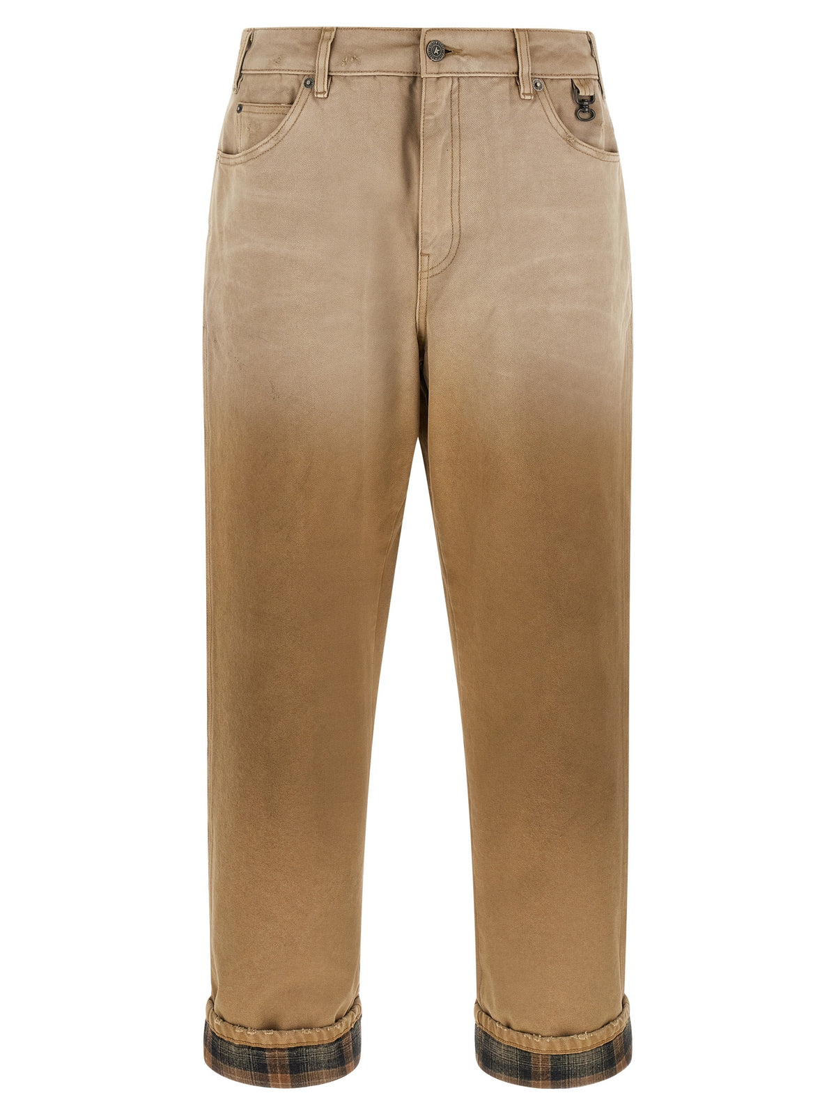 Trousers by Golden Goose for men in cotton beige & patterned features a sculptural silhouette, showcasing a sculptural relaxed-fit and long with a sophisticated for a sculptural finish.