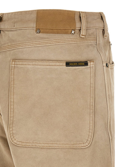 Trousers by Golden Goose for men in cotton beige & patterned features a artisanal silhouette, showcasing a sophisticated relaxed-fit with a long and for a artisanal finish.