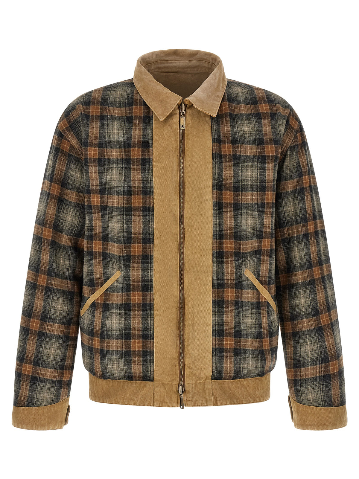Windbreaker Jacket by Golden Goose for men in cotton corduroy beige & checked features an enduring silhouette, showcasing technical windproof and a sophisticated for a truly enduring aesthetic.
