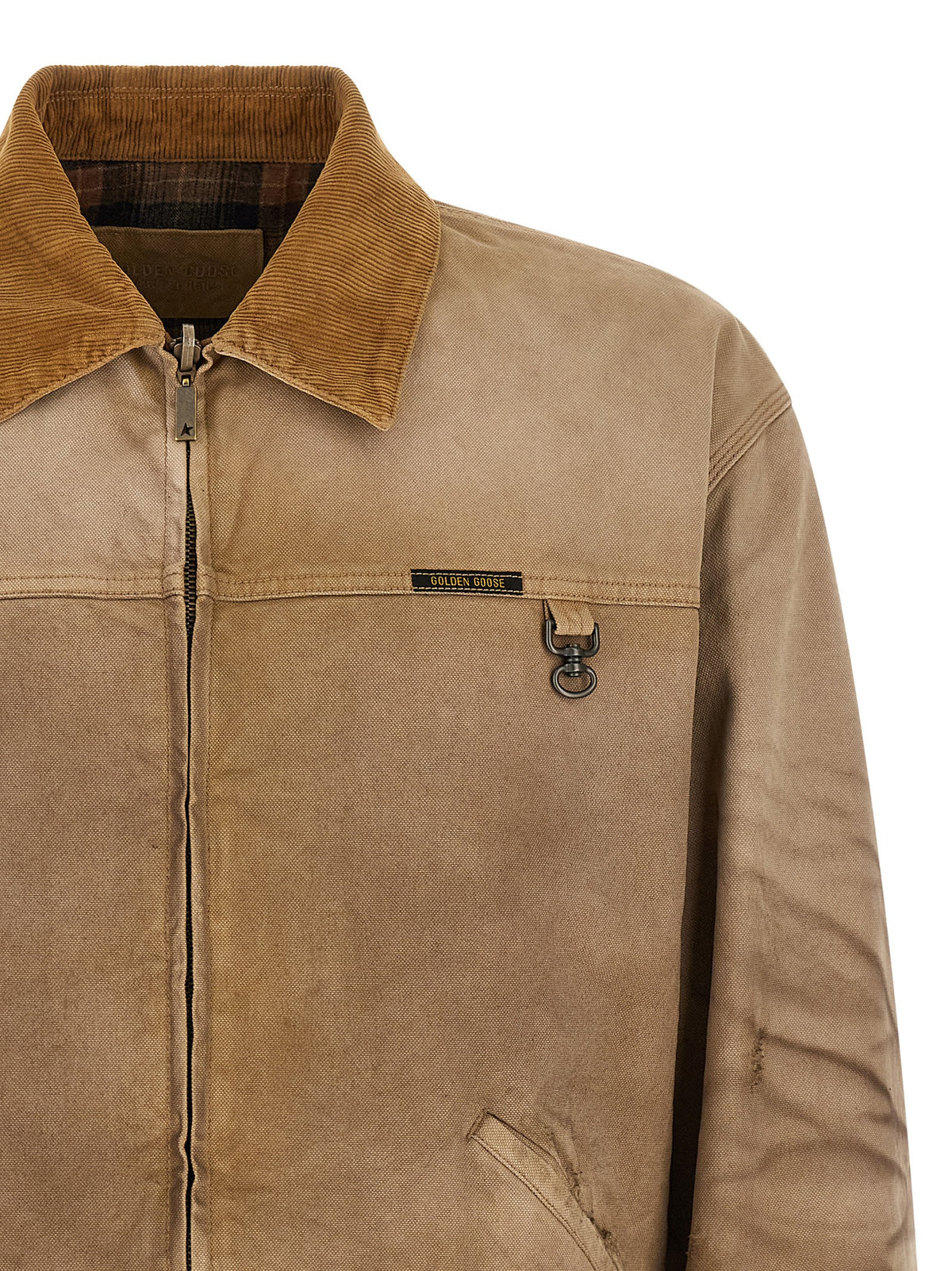 Windbreaker Jacket by Golden Goose for men in cotton corduroy beige & checked showcases a modern silhouette, integrating windproof and a modern for a sophisticated finish.