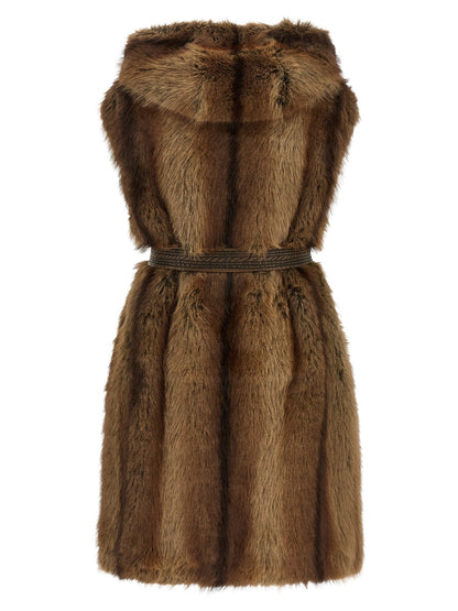 Hooded Vest by PINKO for women in polyester fur brown & natural showcases a dynamic silhouette, perfectly balancing hooded with a dynamic hooded neckline for a sophisticated, high-fashion look.