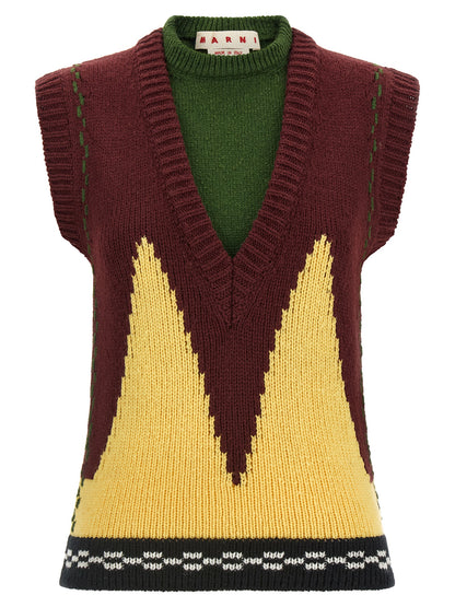 Vest by Marni for women in wool black, bordeaux, burgundy, green, white, yellow & checkered showcases a utilitarian silhouette, artfully incorporating and a utilitarian v-neck neckline for a truly utilitarian finish.