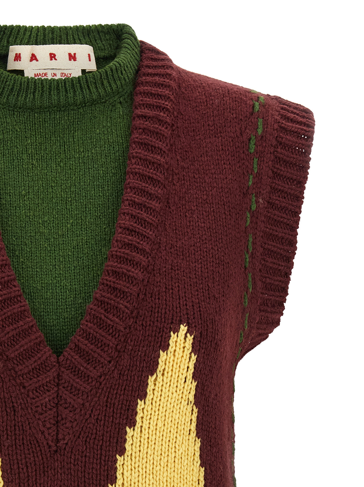 Vest by Marni for women in wool black, bordeaux, burgundy, green, white, yellow & checkered showcases a dynamic silhouette, perfectly balancing with a dynamic v-neck neckline for a sophisticated, high-fashion look.