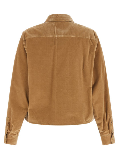 Trucker Jacket by Max Mara for women in corduroy cotton & denim beige & gold features a dramatic silhouette, showcasing a sophisticated and distinctive pockets for a dramatic aesthetic.