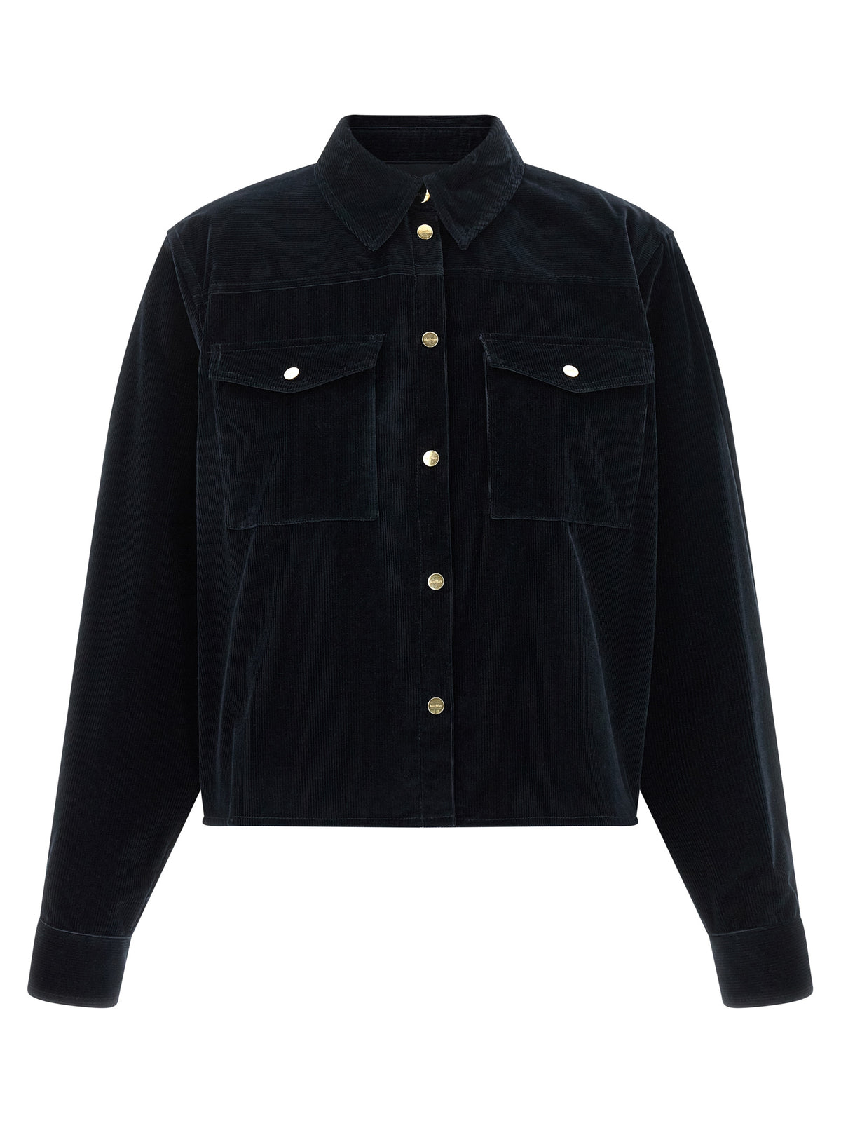 Overcoat by Max Mara for women in plush cotton corduroy & metal blue & gold presents a luxurious silhouette, showcasing a luxurious square neckline and sophisticated pockets for a premium, luxurious look.