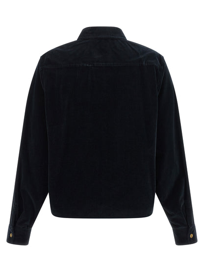 Overcoat by Max Mara for women in plush cotton corduroy & metal blue & gold showcases a architectural silhouette, artfully detailed with a distinctive square neckline and functional pockets for a architectural finish.
