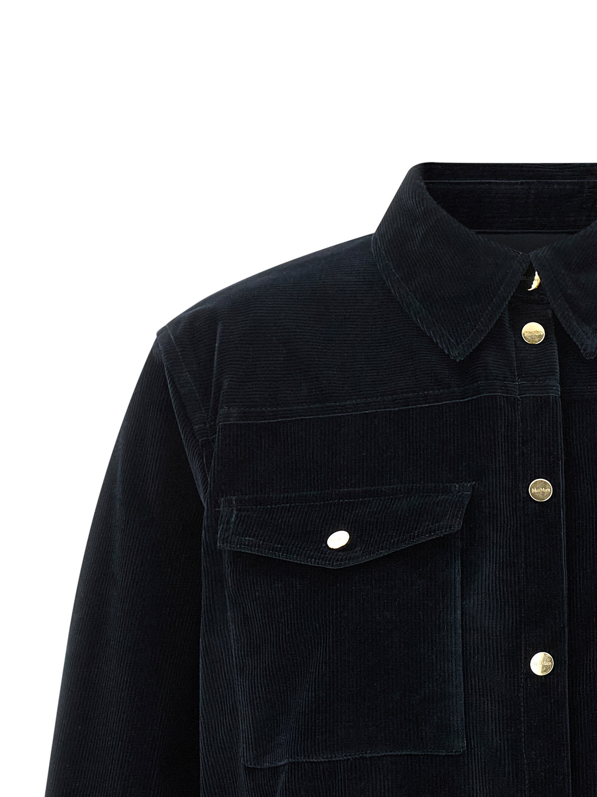 Overcoat by Max Mara for women in plush cotton corduroy & metal blue & gold features a cosy chic silhouette, artfully detailed with a sophisticated square neckline and premium pockets for a cosy chic finish.