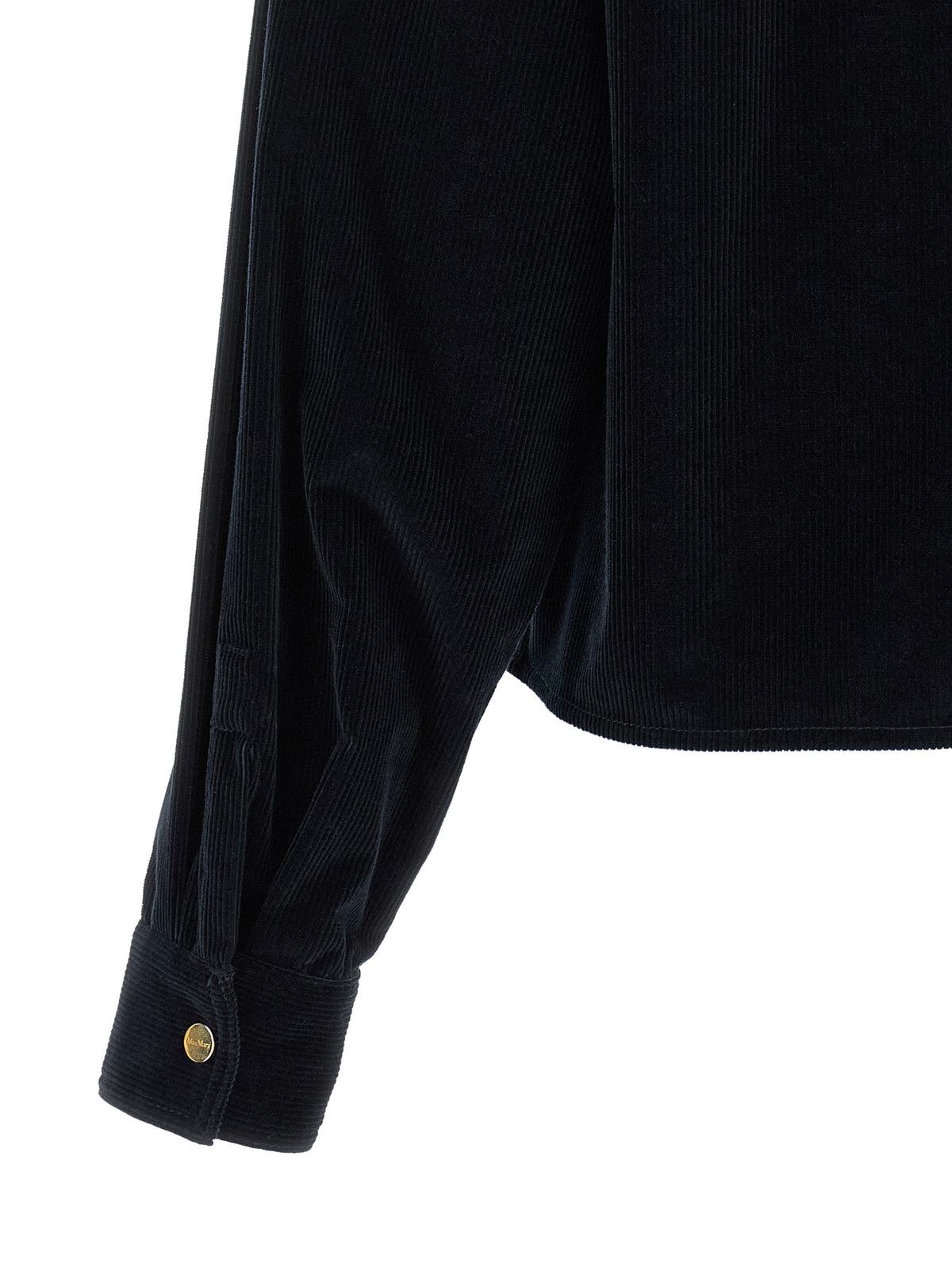 Overcoat by Max Mara for women in plush cotton corduroy & metal blue & gold features an satoral silhouette, showcasing a sophisticated and satoral pockets for a premium, timeless look.
