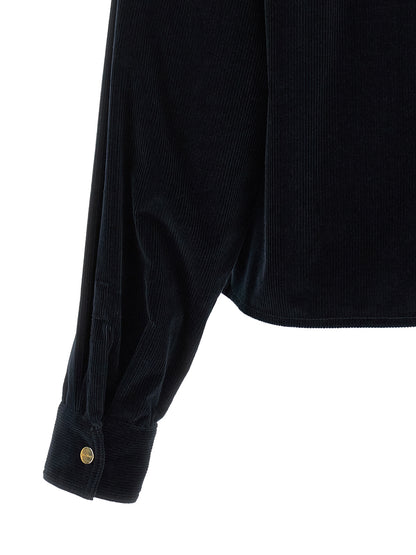 Overcoat by Max Mara for women in plush cotton corduroy & metal blue & gold features an satoral silhouette, showcasing a sophisticated and satoral pockets for a premium, timeless look.