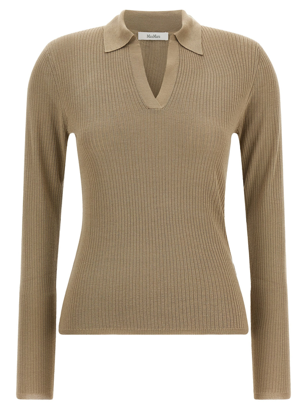 Cardigan by Max Mara for women in cashmere silk beige features a nuanced silhouette with a refined v-neck neckline and nuanced long-sleeve detailing for a sophisticated look.