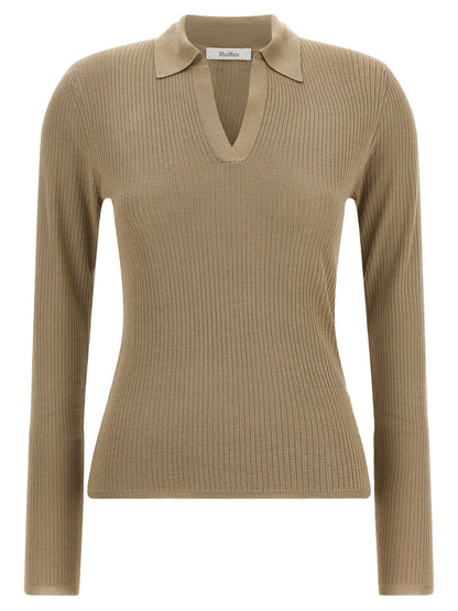 Cardigan by Max Mara for women in cashmere silk beige features a nuanced silhouette with a refined v-neck neckline and nuanced long-sleeve detailing for a sophisticated look.