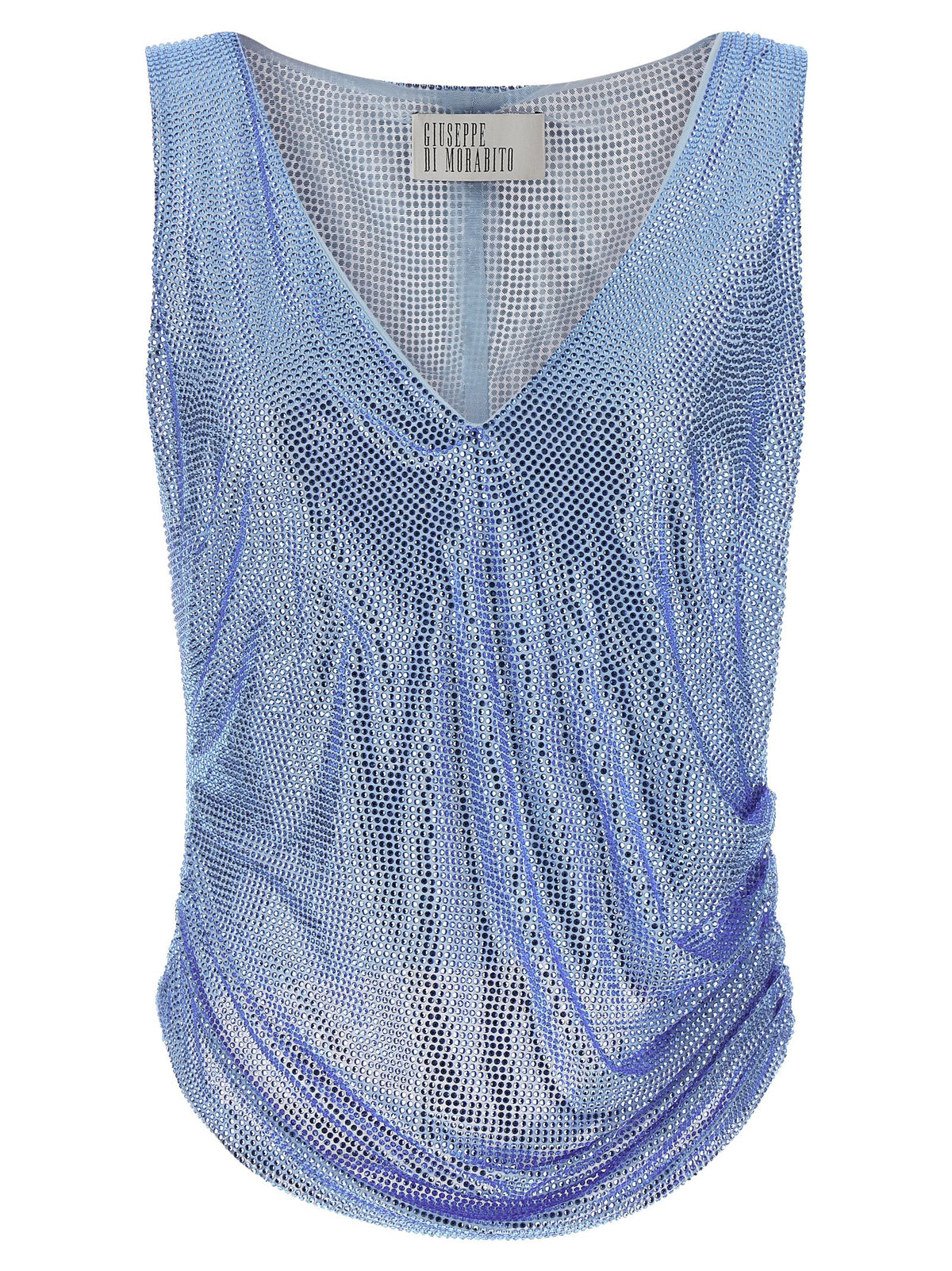 Tank Top by Giuseppe Di Morabito for women in polyamide mesh & feathers light-blue showcases a streamlined Women's V Neck Polyamide Mesh & Feathers Tank Top design with a streamlined and v-neck neckline.