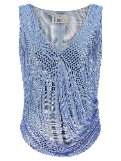 Tank Top by Giuseppe Di Morabito for women in polyamide mesh & feathers light-blue showcases a streamlined Women's V Neck Polyamide Mesh & Feathers Tank Top design with a streamlined and v-neck neckline.