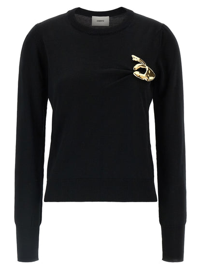 Cardigan by Coperni for women in virgin wool black & gold showcases a captivating silhouette, artfully detailed with a captivating and crew neckline for a truly sophisticated captivating look.