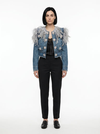 Trucker Jacket by Dolce & Gabbana for women in cotton denim feathers & ostrich leather blue showcases a bohemian silhouette, artfully detailed with a bohemian and signature for a truly bohemian finish.