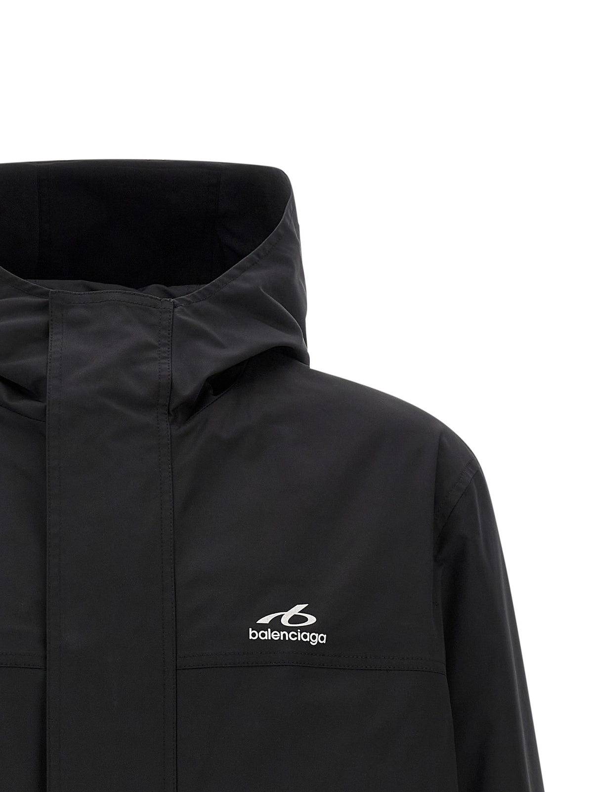 Hooded Parka by Balenciaga for men in polyester twill black features a stylish silhouette, meticulously detailed with a sophisticated hooded high-neck neckline and functional hooded & windproof for a stylish finish.