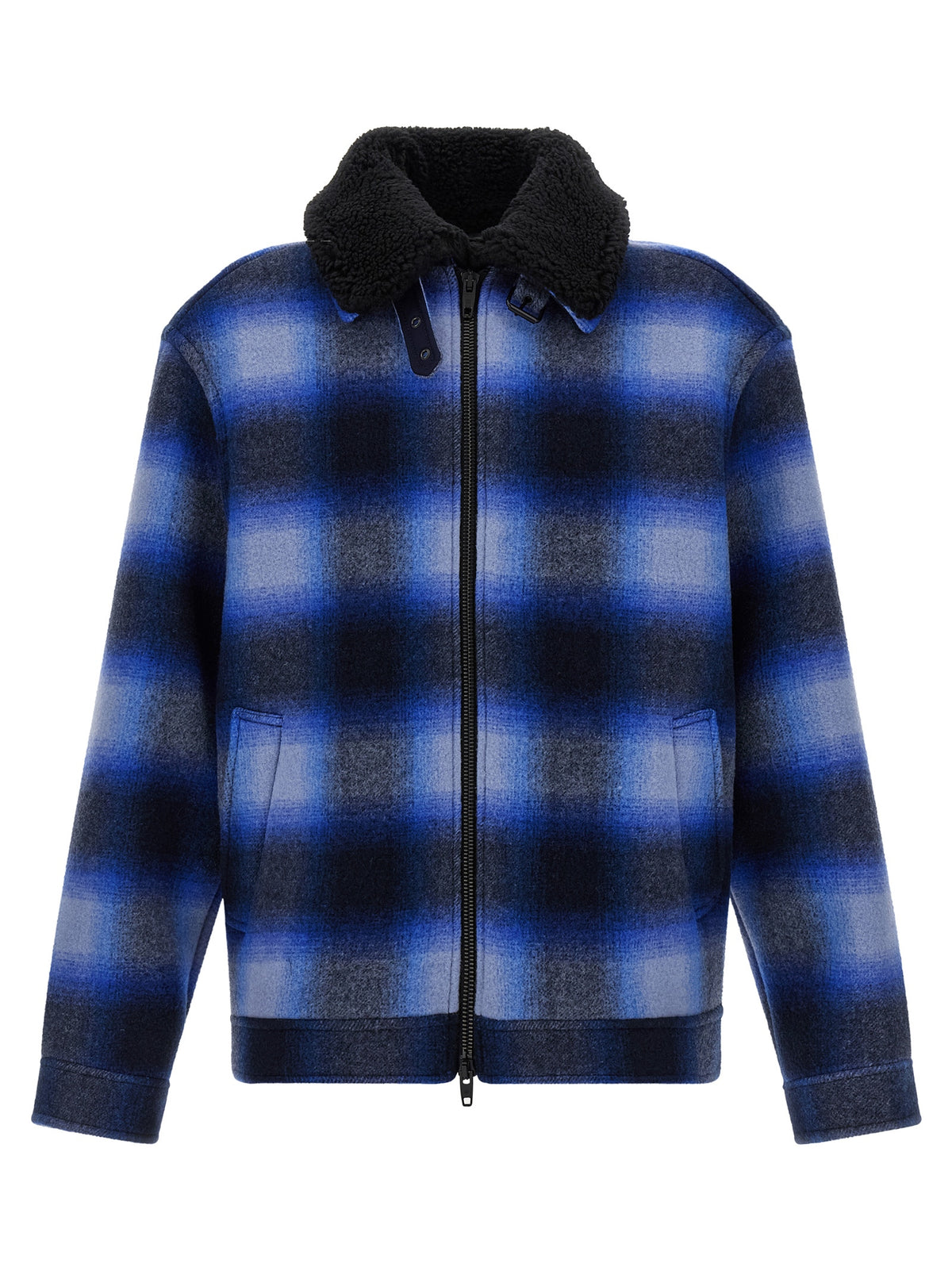 This Bomber Jacket by Balenciaga for men in virgin wool black, blue & patterned exhibits a edgy silhouette, meticulously detailed with functional and a edgy for a edgy finish.
